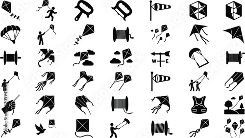 Fotografie Kite flying icons and outdoor recreational activity silhouettes