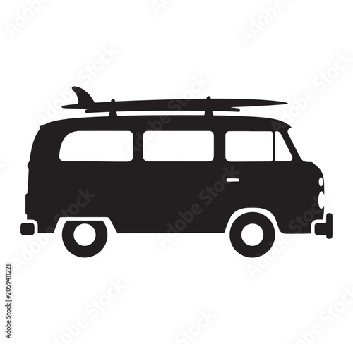 Black silhouette of retro camper van with surf board surfboard silhouette roadtrip adventure vacation transportation isolated background nostalgia recreation automotive lifestyle
