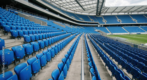 Empty Blue Seating Stands Of Modern Football Stadium