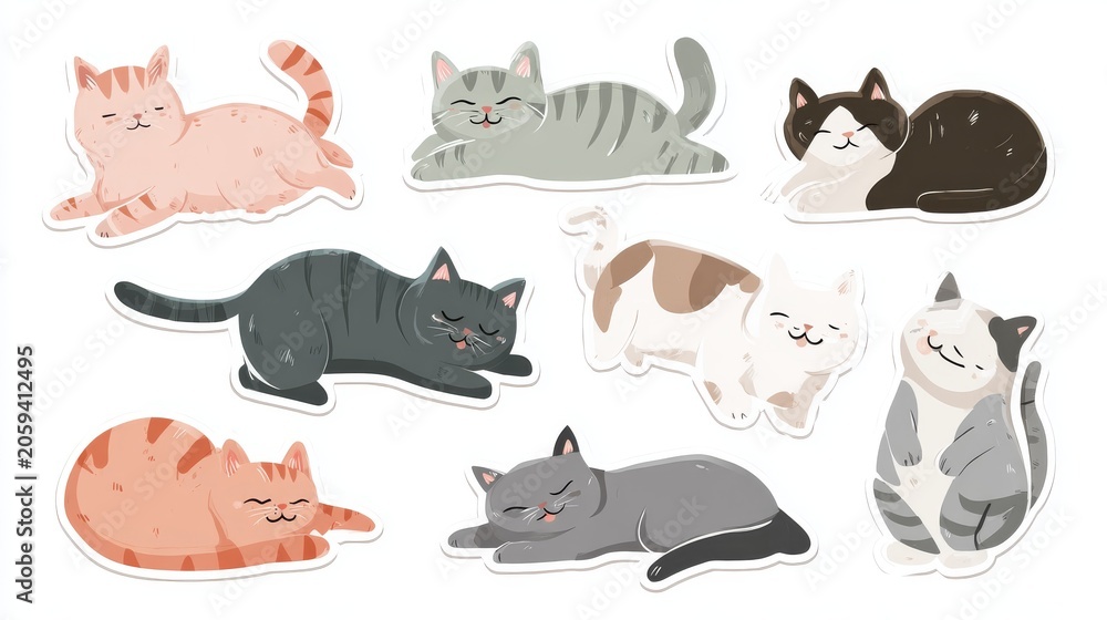 Fototapeta premium 99.Cute cat sticker collection showing various domestic breeds playing and relaxing, simple flat vector design, rounded shapes, isolated on white background