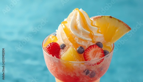 Delicious fruit dessert with whipped cream and caramel sauce