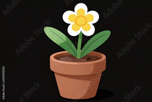 A yellow flower in a brown pot with green leaves