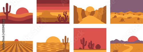 Minimalist Desert Landscape Banners Set with Saguaro Cactus, Sand Dunes, Canyons, and Sunsets for Retro Western Style Travel Graphic Vector Designs