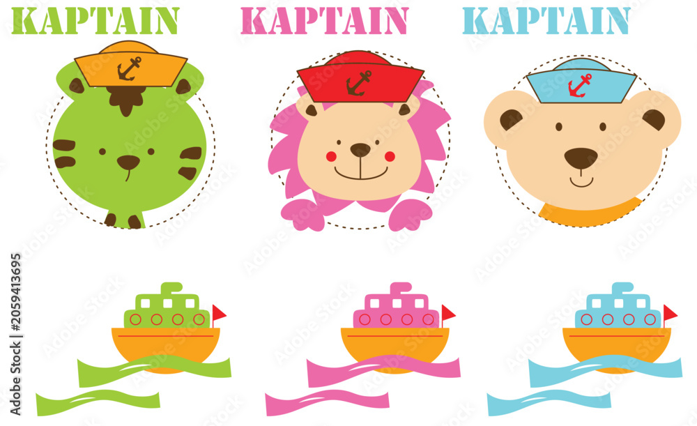 Fototapeta premium Funny jungle friends tiger lion and bear sailing a boat in the vast ocean, nautical theme vector for kids apparel.
