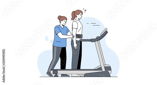 Physical Therapist Assisting Patient on Treadmill for Rehabilitation and Fitness