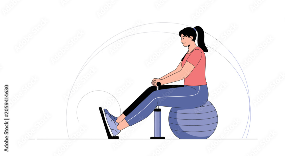 Fototapeta premium Woman Exercising with Resistance Bands and Stability Ball, Vector Illustration