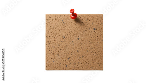 Cork note board square is pinned to a neutral surface with a single red pushpin to serve as a minimalist mockup for displaying important messages, office reminders, or creative project notes.
