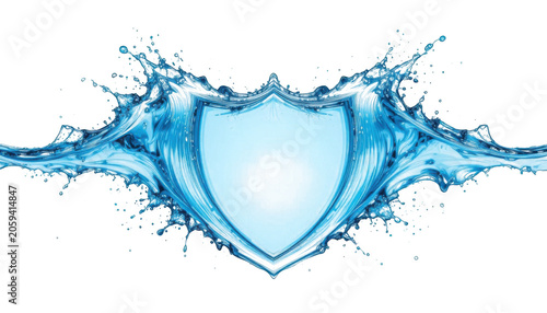 Shield symbol formed by splashing water droplets creates a dynamic and refreshing visual concept that represents protection, purity, and natural strength in a clean, minimalist environment.