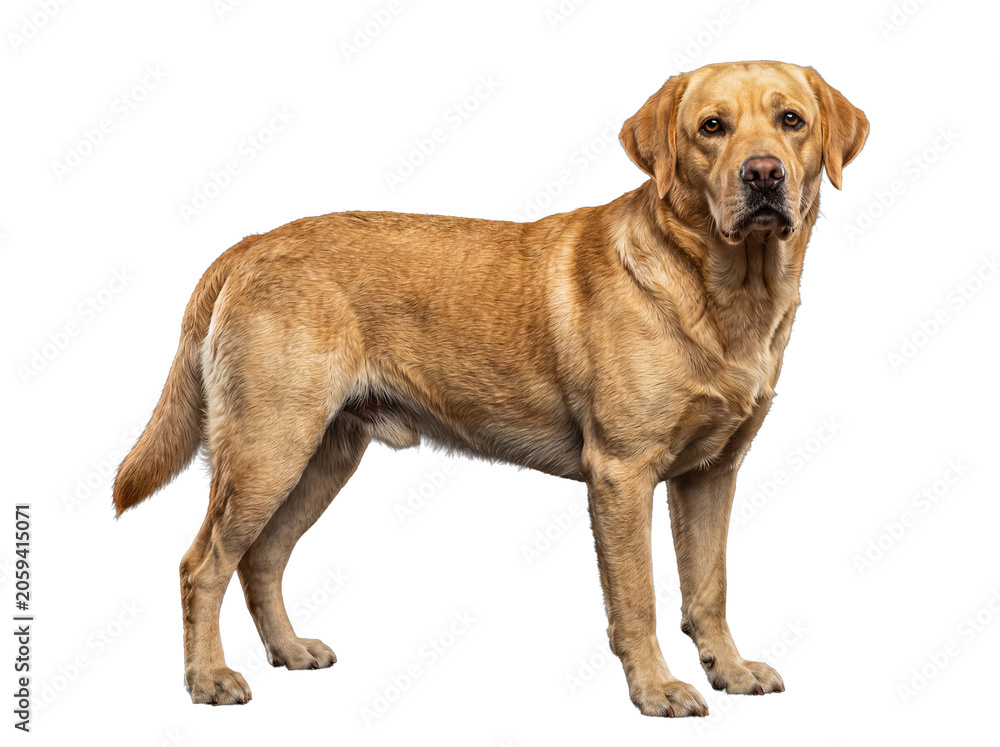 Fototapeta premium Friendly yellow Labrador Retriever dog standing with an attentive expression, captured as a studio photograph.