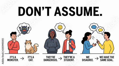 Φωτογραφία Flat vector illustration of the Don't Assume concept, showing three scenarios where assumptions are challenged to reveal a truer, more positive understanding of reality