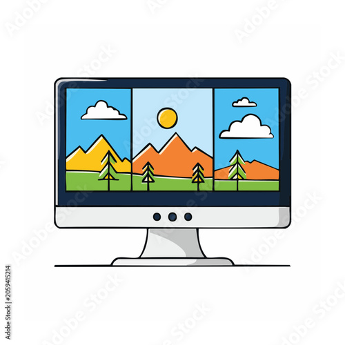 Flat design TV with signal waves and house