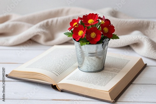 A vase filled with red flowers sitting on top of an open book