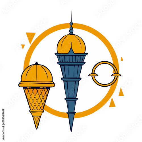 Whimsical ice cream cone and tower illustration