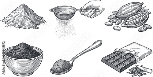 Foto Vintage Cocoa and Chocolate Engraving Sketch Vector Elements Set with Sifter Spo