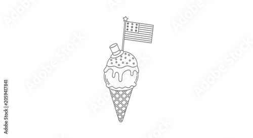 Canvas Print Ice cream cone with patriotic hat and flag line art