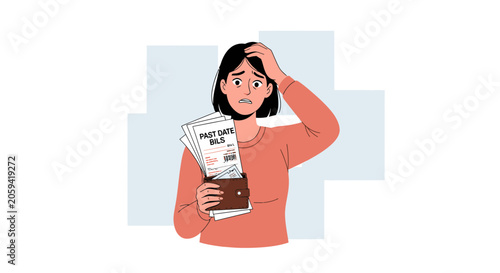 Woman overwhelmed by past due bills, holding wallet and stack of overdue notices, financial stress, debt, economic hardship