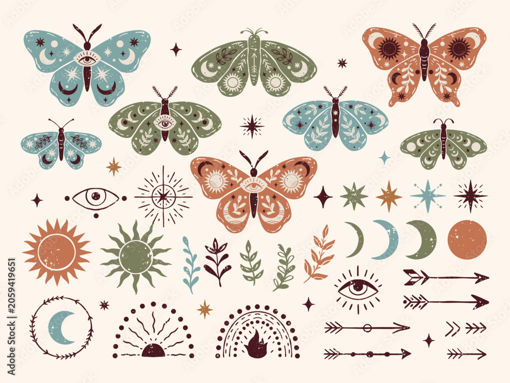 Fototapeta premium Boho celestial hand drawn vector set with mystical butterflies, moths, moon phases, stars, arrows and magical symbols in earthy colors. Textured spiritual doodle set for prints, stickers and decor