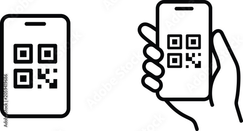Foto Mobile phone QR code scanning line vector icons with hand holding smartphone for digital payment application interface elements
