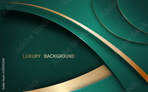 Elegant luxury abstract background featuring layered green curves with metallic gold accents and smooth flowing shapes. Vector Illustration