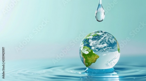 Crystal Clear Water Droplet Falling on Miniature Earth Model Floating in Serene Blue Background
