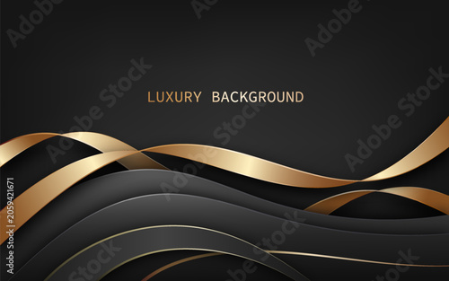Luxury abstract background with elegant flowing gold and black metallic ribbons layered across a dark gradient backdrop. Vector Illustration