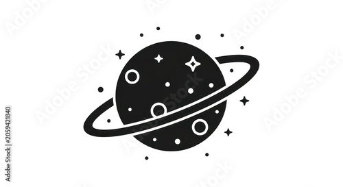 Black planet icon with rings on white background graphic.