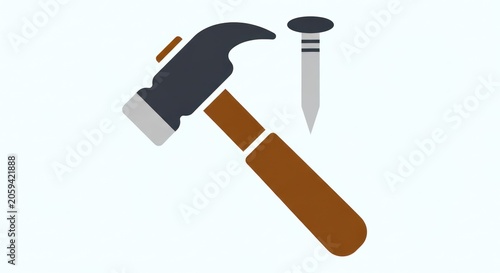Brown hammer and gray nail icon on white background.
