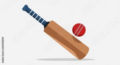 Angled cricket bat hitting red ball graphic.