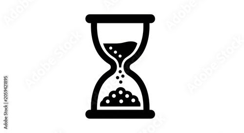 Black hourglass icon with flowing sand on white background.
