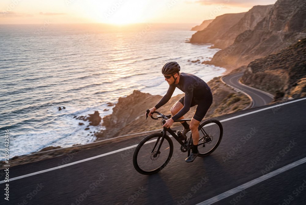 Fototapeta premium Male cyclist riding a road bike on a scenic coastal road at sunset