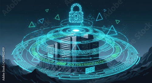 Abstract digital data security concept featuring glowing padlock and circular network nodes