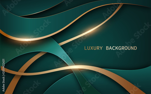 Luxurious abstract background featuring elegant green layered waves accented with flowing metallic gold ribbons and soft glowing highlights. Vector Illustration