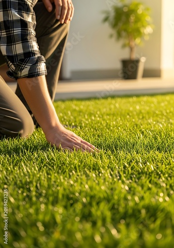 Person touching lush green grass hand lawn