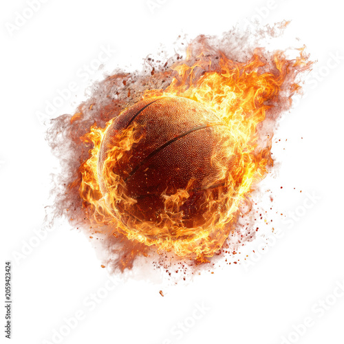 Basketball engulfed in flames on dark background, dynamic fiery sports action.