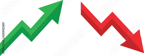 Green arrow going up and red arrow going down representing financial growth and market decline
