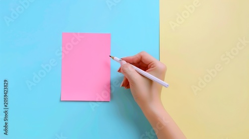 Hand Peeling Bright Yellow Sticky Note From Memo Pad On Solid Background