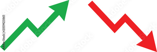 Green arrow pointing up and red arrow pointing down for business growth and decline analysis