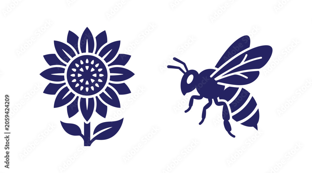Fototapeta premium Sunflower and bee minimalist graphic icons with sunflower honeybee minimalist botanical pollinator wildlife creative collection silhouette isolated background monochrome