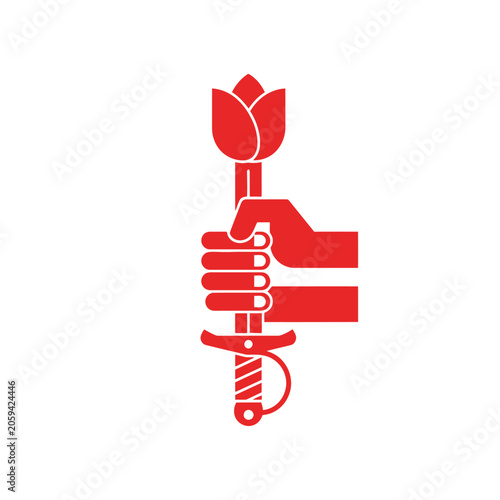Tablou pe pânză A stylized red graphic of a hand gripping a sword with a flower at the top