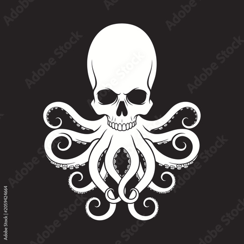 Fotografie A black and white illustration combining a human skull with octopus tentacles em