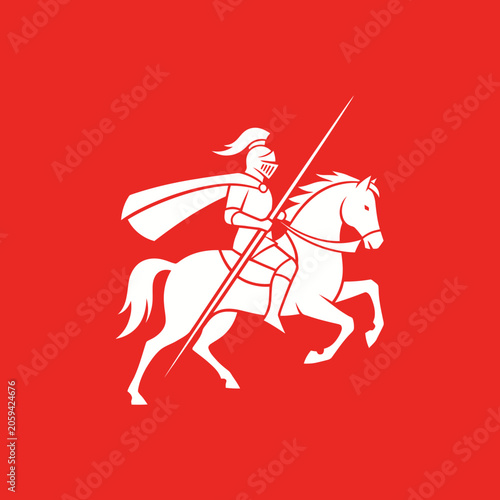 Принти на полотні White knight on horseback with lance on a red background, emblematic design