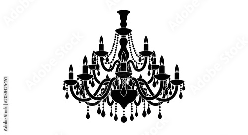 Bold black silhouette chandelier icon featuring a flat geometric style with ornate candle lighting for interior design graphic