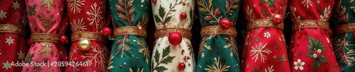 Intricate fabric bundles, festive ornaments subtly incorporated , zero waste, festive wrapping
