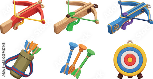 Colorful Toy Crossbow and Archery Target Vector Icon Set Featuring Plastic Bows, Suction Cup Arrows, and a Hanging Bullseye for Kids Game UI Designs