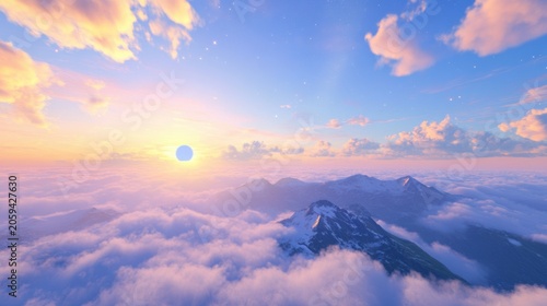 Mountain peaks above clouds at sunrise with soft light