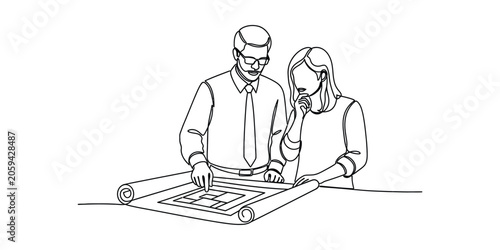 Architects Reviewing Blueprints Continuous Line Art