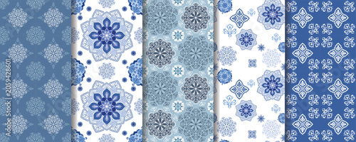 Blue and White Mandala Seamless Pattern Set