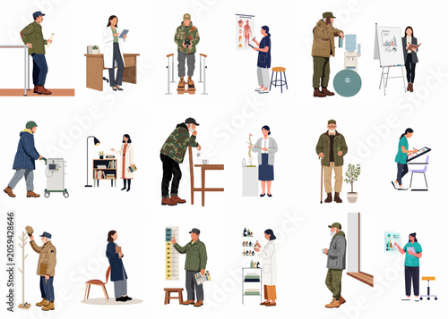 Comprehensive collection of flat illustrations depicting military veterans receiving medical care, physical therapy, and support from healthcare professionals.
