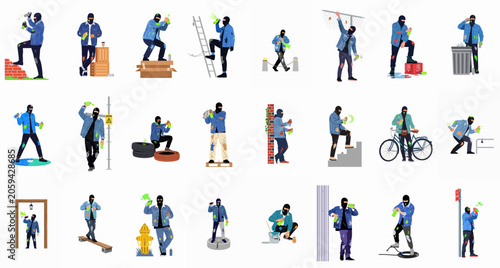 Fotografía Collection of vector illustrations featuring a person in a balaclava performing various graffiti and urban vandalism acts with spray paint