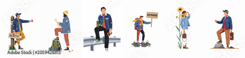 Obraz na płótnie Collection of diverse people hitchhiking and traveling with backpacks, maps, and signs, illustrated in a modern flat vector style